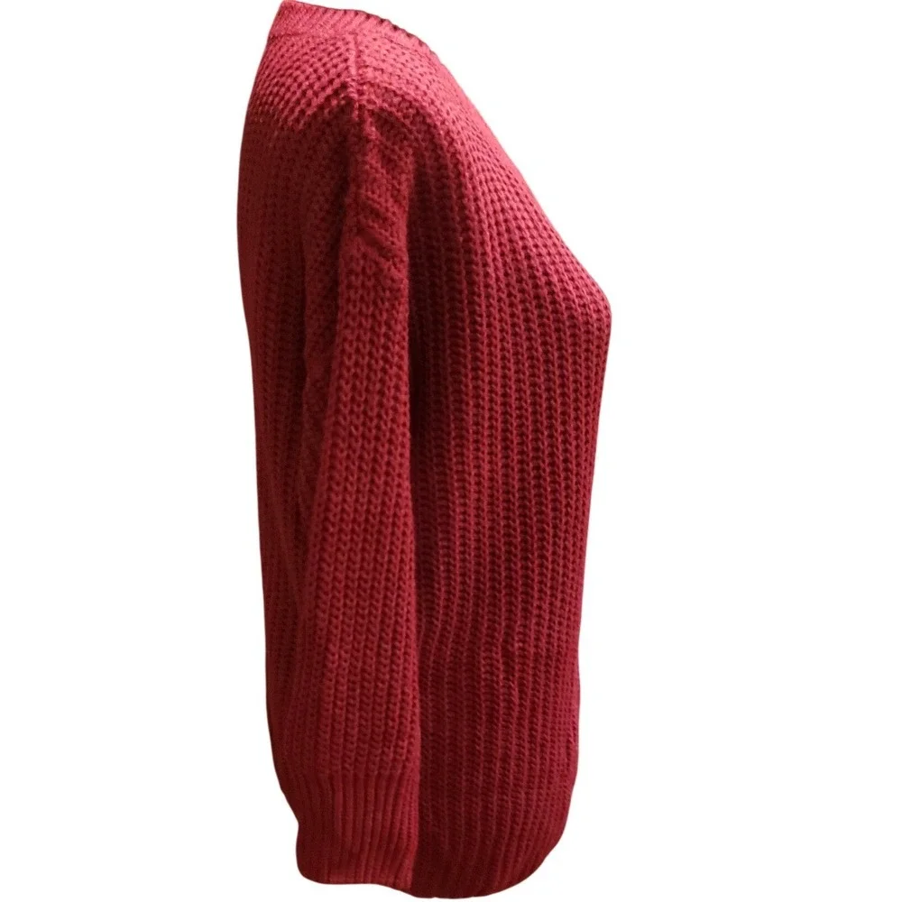 Chunky Knit‎ Sweater Burgundy Long Sleeve Cozy Pullover Warm